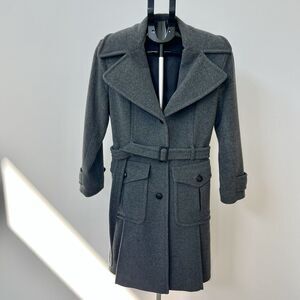 DKNY Women’s Wool Belted Trench Coat Grey 4 Button Thick Warm Pleated Gray EUC